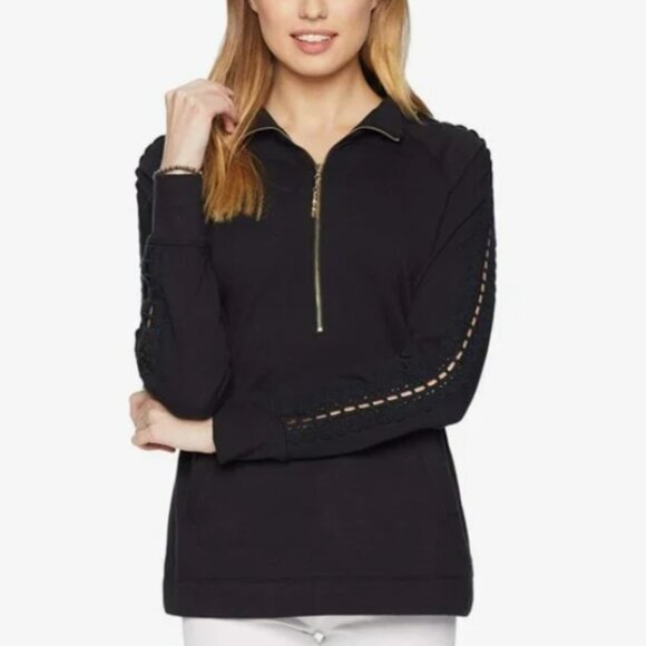 Lilly Pulitzer Tops - Lilly Pulitzer Skipper Popover Onyx Black Lace Sleeve Quarter Zip Top Size Small